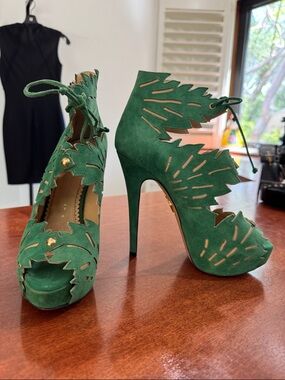 Charlotte Olympia Green Suede Laser Cut Platform Stiletto Sandals
